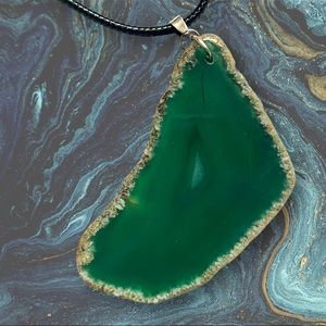 Boho Large Dark Green Agate Stone Pendant Cord Necklace